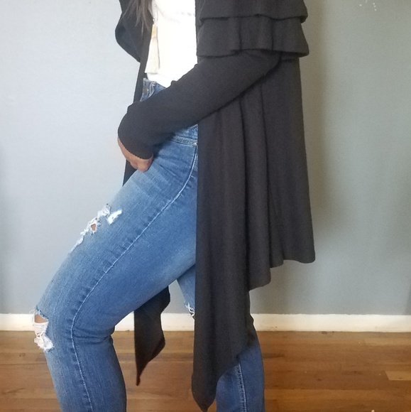 LAST ONE//RUFFLE ME UP BLACK RIBBED OPEN CARDIGAN - Picture 6 of 7